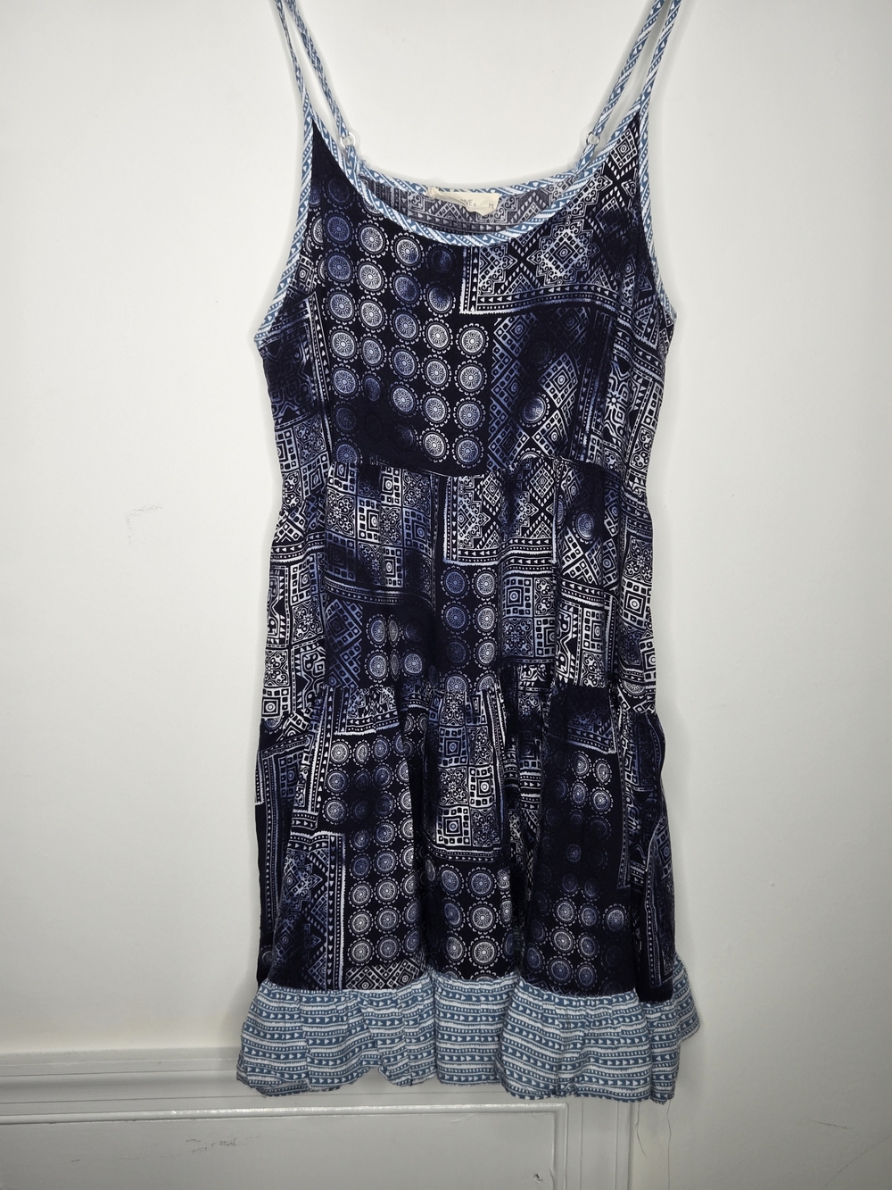 Ocean Drive Blue Mixed Geometric Patchwork Ruffle Hem Sundress Size M